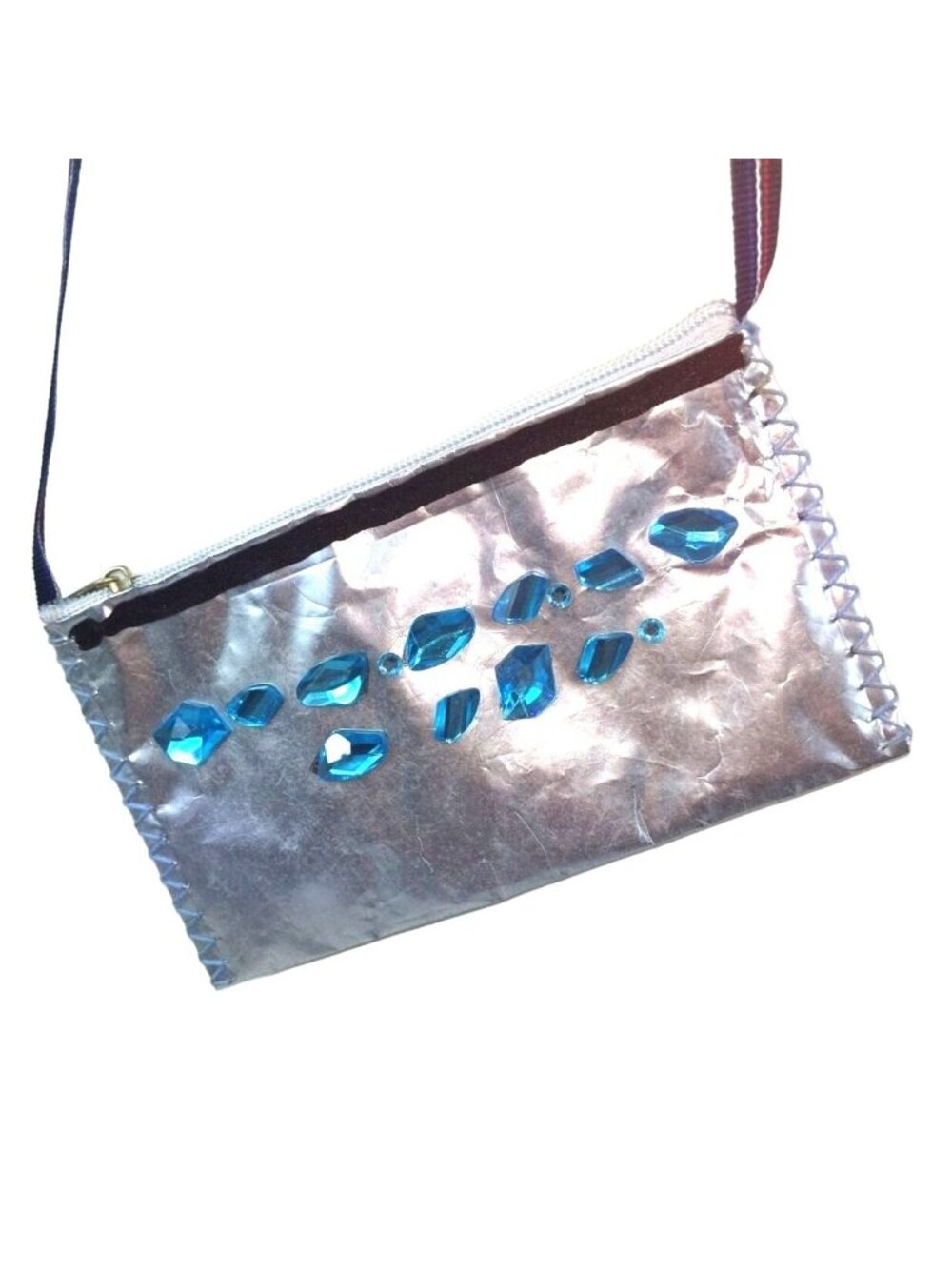 Silver Crossbody Bag With Blue Gem Accents & Striped Strap – Handmade 7"x4.5"